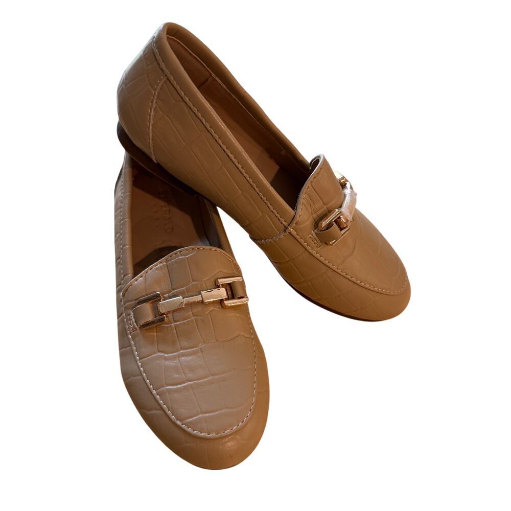 2/$30 NEW Emerald 12 US Girl‎ Tan Beige Embossed Leather Loafters Gold Buckle